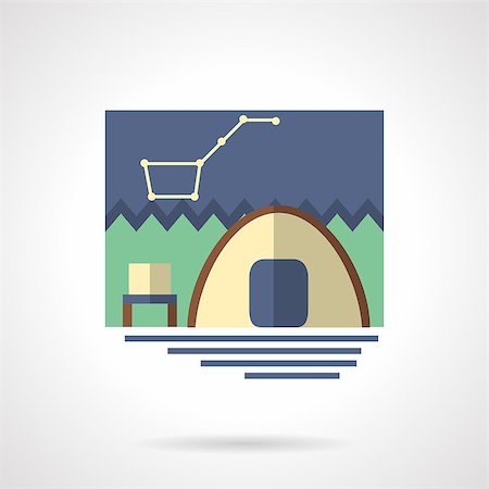 simsearch:400-07310113,k - Summer outdoors active leisure. Campsite with tent and night sky with stars. Hiking, camping, fishing. Flat color style vector icon. Single web design element for mobile app or website. Foto de stock - Super Valor sin royalties y Suscripción, Código: 400-08301455