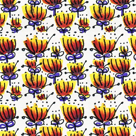 simsearch:400-08285670,k - Seamless pattern  with simple flowers and leaves in doodle style. Yellow and orange flowers on a white background.  Drawing ink and watercolor. Foto de stock - Super Valor sin royalties y Suscripción, Código: 400-08301465