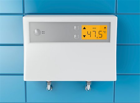 Automatic water heater attached on blue tiled wall Fotografie stock - Microstock e Abbonamento, Codice: 400-08301537