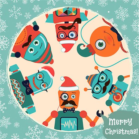 Hipster Retro Cartoon Characters Robots Christmas Card Illustration, Banner, Background. Xmas, New Year Vector Illustration. Stock Photo - Budget Royalty-Free & Subscription, Code: 400-08301938