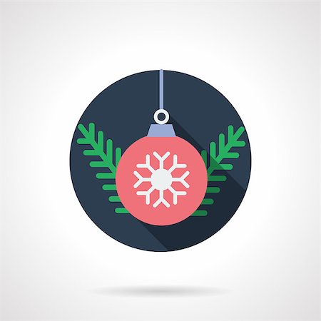 simsearch:400-08302730,k - Fir branch and red bauble with white snowflake. Christmas decoration, seasonal holidays. Blue round flat color vector icon. Single web design element for mobile app or website. Fotografie stock - Microstock e Abbonamento, Codice: 400-08302735