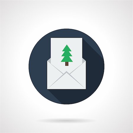 simsearch:400-08413509,k - White blank envelope and greeting card with green fir tree. Merry Christmas and Happy New Year. Winter holidays. Blue round flat color vector icon. Single web design element for mobile app or website. Foto de stock - Super Valor sin royalties y Suscripción, Código: 400-08302730