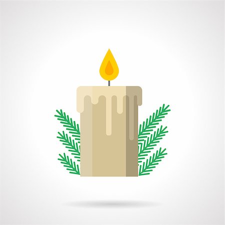 simsearch:400-08302769,k - Wax beige candle with flame and green fir branch. Christmas decoration. Winter traditional celebrations. Flat color style vector icon. Elements of web design for business, website and mobile Photographie de stock - Aubaine LD & Abonnement, Code: 400-08302761