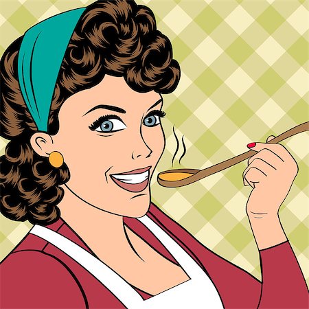 pop art retro woman with apron tasting her food. vector illustration Stock Photo - Budget Royalty-Free & Subscription, Code: 400-08302788