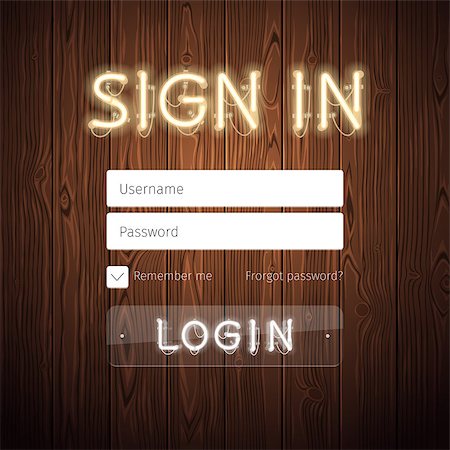 Web Login Form Template with Neon Lights on Wooden Background. Used pattern brushes included. There are fastening elements in a symbol palette. Stock Photo - Budget Royalty-Free & Subscription, Code: 400-08303418