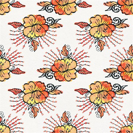 simsearch:400-08290626,k - Seamless pattern with watercolor flowers. Orange flowers on a white background.  Drawing ink and watercolor. Hand-drawn illustration. Stock Photo - Budget Royalty-Free & Subscription, Code: 400-08303413