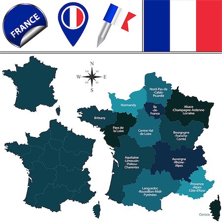 sateda (artist) - Vector map of France with named regions and travel icons. According to the law in 2014 by French Parliament that reduced the number of regions from 22 to 13. Stock Photo - Budget Royalty-Free & Subscription, Code: 400-08303587