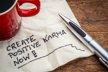 pixelsaway (artist) - create positive karma now - motivational handwriting on a napkin with cup of coffee Foto de stock - Royalty-Free Super Valor e Assinatura, Número: 400-08314468