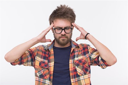 simsearch:6110-09101637,k - Profile of thinking dearded man. Man in glasses closed his eyes, he is touching his head with two hands isolated on white. Stockbilder - Microstock & Abonnement, Bildnummer: 400-08314476