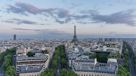 paris rooftops skyline eiffel - Wide angle skyline of Paris with eiffel tower at sunset Stock Photo - Budget Royalty-Free & Subscription, Code: 400-08314524
