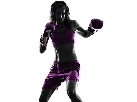 silhouette female martial arts - one woman boxer boxing kickboxing in silhouette isolated on white background Stock Photo - Budget Royalty-Free & Subscription, Code: 400-08315481