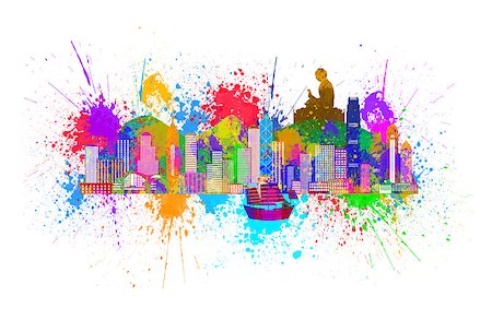 Hong Kong City Skyline and Big Buddha Statue Panorama Paint Splatter Color Isolated on White Background Illustration Stock Photo - Budget Royalty-Free & Subscription, Code: 400-08316413