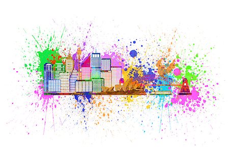simsearch:400-06093657,k - Sydney Australia Skyline Landmarks Harbour Bridge Color with Paint Splatter Abstract Isolated on White Background Illustration Stock Photo - Budget Royalty-Free & Subscription, Code: 400-08316653