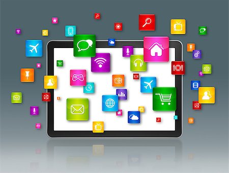 simsearch:400-08096956,k - 3D Digital Tablet with flying apps icons - isolated on grey - front view Stock Photo - Budget Royalty-Free & Subscription, Code: 400-08317336