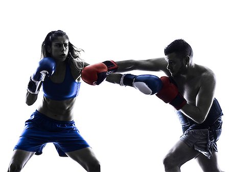 one woman boxer boxing one man  kickboxing in silhouette isolated on white background Stock Photo - Budget Royalty-Free & Subscription, Code: 400-08317403