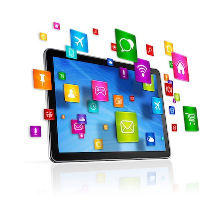 simsearch:400-08096956,k - 3D Tablet PC with flying apps icons - isolated on white Stock Photo - Budget Royalty-Free & Subscription, Code: 400-08317579