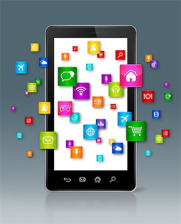 Apps icons flying around Smartphone - grey background Stock Photo - Budget Royalty-Free & Subscription, Code: 400-08317985