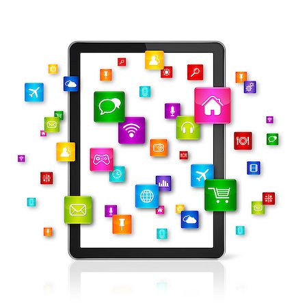 simsearch:400-08096956,k - 3D Tablet PC with flying apps icons - isolated - front view Stock Photo - Budget Royalty-Free & Subscription, Code: 400-08318687