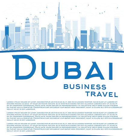 dubai building illustration - Outline Dubai City skyline with blue skyscrapers and copy space. Business travel concept. Vector illustration Stock Photo - Budget Royalty-Free & Subscription, Code: 400-08318751