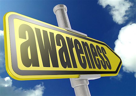 simsearch:400-05696582,k - Yellow road sign with awareness word under blue sky image with hi-res rendered artwork that could be used for any graphic design. Stock Photo - Budget Royalty-Free & Subscription, Code: 400-08318846