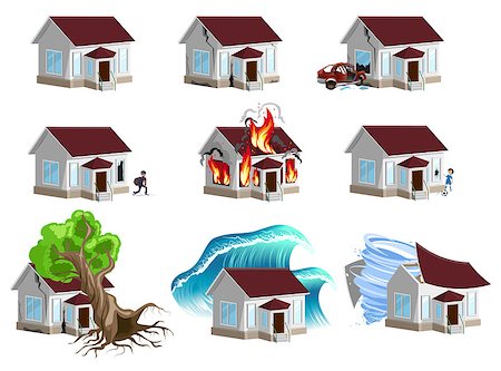 simsearch:400-08654218,k - Set homes Disaster. Home insurance. Property insurance. Isolated on white vector illustration Photographie de stock - Aubaine LD & Abonnement, Code: 400-08319033