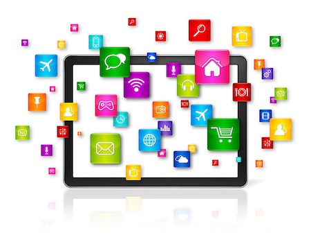 simsearch:400-08096956,k - 3D Tablet PC with flying apps icons - isolated on white - front view Stock Photo - Budget Royalty-Free & Subscription, Code: 400-08319364