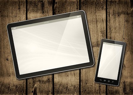 simsearch:600-07584851,k - Smartphone and digital tablet PC on a dark wood table - horizontal office mockup Stockbilder - Microstock & Abonnement, Bildnummer: 400-08319367