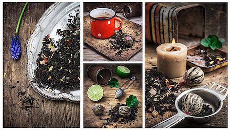 simsearch:400-06077206,k - collage of tea paraphernalia and scattered leaves on a wooden table.Selective focus Photographie de stock - Aubaine LD & Abonnement, Code: 400-08313930