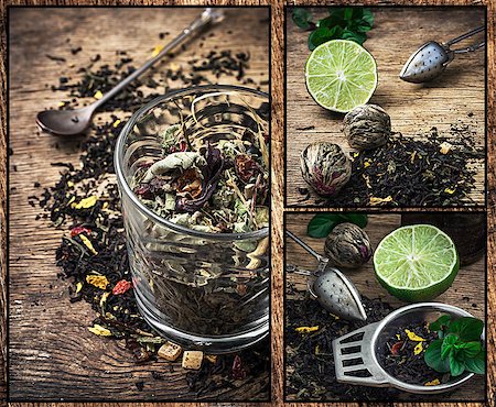 simsearch:400-06077206,k - collage of tea paraphernalia and scattered leaves on wooden table Photographie de stock - Aubaine LD & Abonnement, Code: 400-08313931