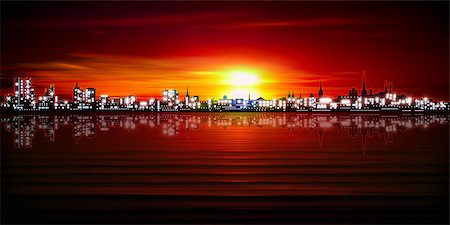 abstract red sunset background with silhouette of city vector illustration Stock Photo - Budget Royalty-Free & Subscription, Code: 400-08320017