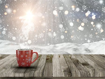 simsearch:400-09068018,k - 3D render of a Christmas mug on a wooden table with a snowy scene in the background Stock Photo - Budget Royalty-Free & Subscription, Code: 400-08320165