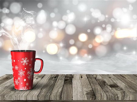 3D render of a steaming Christmas mug against a snowy bokeh lights background Stock Photo - Budget Royalty-Free & Subscription, Code: 400-08320169