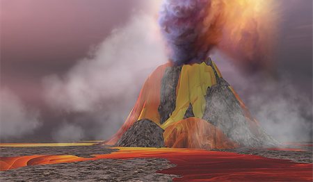 simsearch:841-03672651,k - Molten magma flows from an erupting volcano and smoke billows up into the sky. Photographie de stock - Aubaine LD & Abonnement, Code: 400-08334063