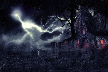 spooky field - Dark mysterious halloween landscape with an old house. Photographie de stock - Aubaine LD & Abonnement, Code: 400-08334159