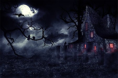 spooky field - Dark mysterious halloween landscape with an old house. Photographie de stock - Aubaine LD & Abonnement, Code: 400-08334160