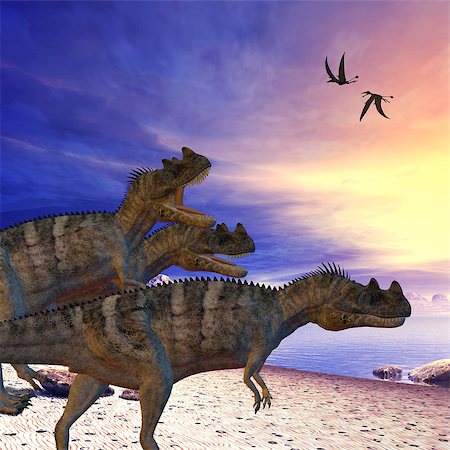 prehistórico - Ceratosaurus dinosaurs search the beach for prey as two Dorygnathus flying reptile pass overhead. Foto de stock - Super Valor sin royalties y Suscripción, Código: 400-08334947