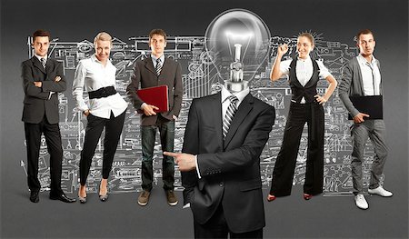 simsearch:400-09115837,k - Idea concept. Lamp Head and Business team against different backgrounds Stock Photo - Budget Royalty-Free & Subscription, Code: 400-08335064