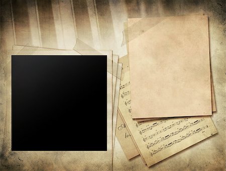 simsearch:400-08138524,k - Grunge musical background - piano keys, sheet music and blank photo. Photographie de stock - Aubaine LD & Abonnement, Code: 400-08335108