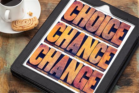 simsearch:400-08332628,k - choice, chance and change word abstract  - 3 Cs in life concept  - text in letterpress wood type printing blocks on a digital tablet with a cup of coffee Foto de stock - Super Valor sin royalties y Suscripción, Código: 400-08335205