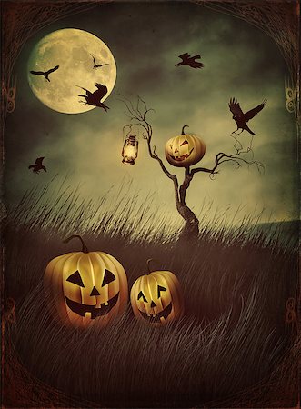 spooky field - Pumpkin scarecrow in fields of tall grass at night with vintage look Stock Photo - Budget Royalty-Free & Subscription, Code: 400-08335310