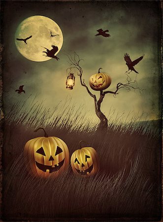 spooky field - Pumpkin scarecrow in fields of tall grass at night with vintage look Stock Photo - Budget Royalty-Free & Subscription, Code: 400-08335311