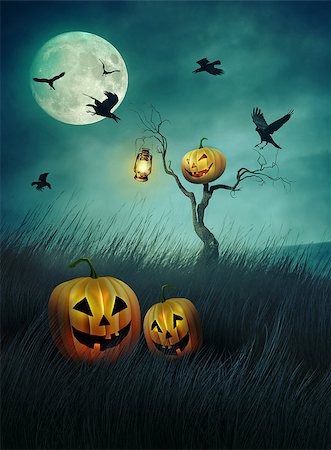 spooky field - Pumpkin scarecrow in fields of tall grass at night Stock Photo - Budget Royalty-Free & Subscription, Code: 400-08335312