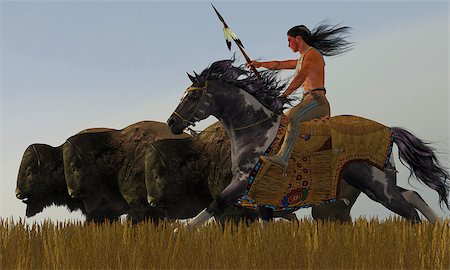 simsearch:400-04752077,k - A herd of bison scatter in a desperate attempt to get away from an American Indian brave on his paint horse. Stock Photo - Budget Royalty-Free & Subscription, Code: 400-08335526