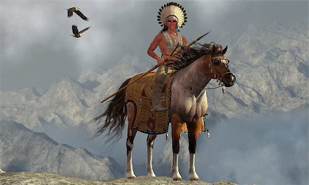 simsearch:400-04752077,k - Two Bald Eagles fly near an American Indian with his paint horse on a tall cliff in a mountainous area. Stock Photo - Budget Royalty-Free & Subscription, Code: 400-08335527