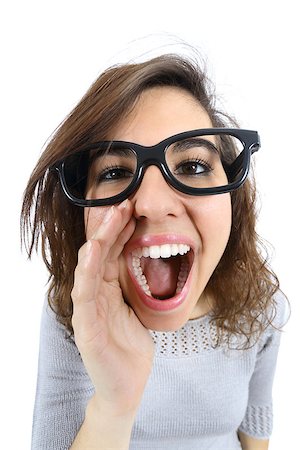 funny looking girls with glasses - Funny girl shouting and calling with her hand at her mouth Stock Photo - Budget Royalty-Free & Subscription, Code: 400-08335894