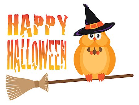 simsearch:400-07103646,k - Halloween Owl with Witches Hat Sitting on Broomstick with Happy Halloween text Isolated on White Background Illustration Stock Photo - Budget Royalty-Free & Subscription, Code: 400-08335997