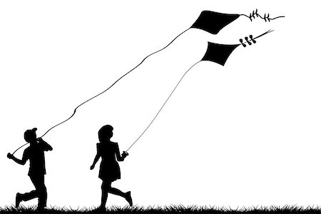 silhouettes of running black girl - Silhouettes of children flying kites Stock Photo - Budget Royalty-Free & Subscription, Code: 400-08336111