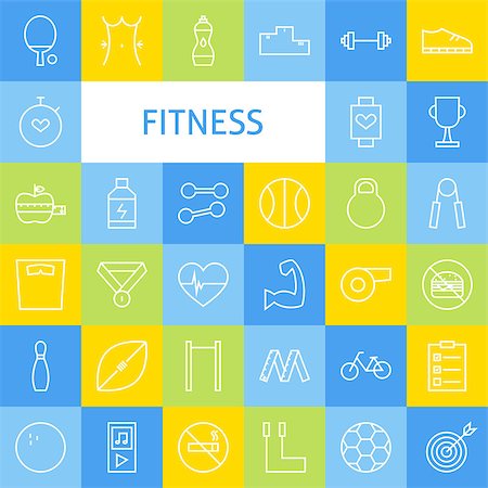 Vector Flat Line Art Modern Fitness Sports and Healthy Lifestyle Icons Set. Fitness Icons Set over Colorful Tile. Vector Set of 36 Sport and Activities Modern Line Icons for Web and Mobile. Stock Photo - Budget Royalty-Free & Subscription, Code: 400-08336157