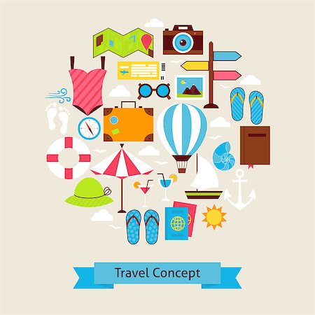 simsearch:400-08696041,k - Vector Flat Style Summer Vacation and Travel Objects Concept. Flat Design Vector Illustration. Collection of Summer Holidays Colorful Objects. Set of Resort Items. Fotografie stock - Microstock e Abbonamento, Codice: 400-08336167