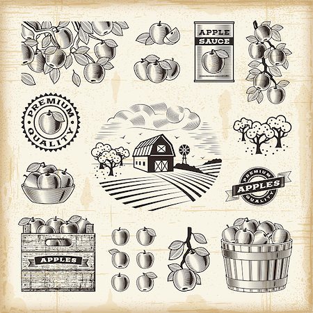 flechtkorb - A set of fully editable vintage apple harvest elements in woodcut style. EPS10 vector illustration with clipping mask. Stockbilder - Microstock & Abonnement, Bildnummer: 400-08336627